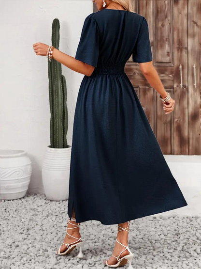 Long Dress - Short Sleeve - V Neck - Summer Dress - Maxi Sundress-Fashion Nora