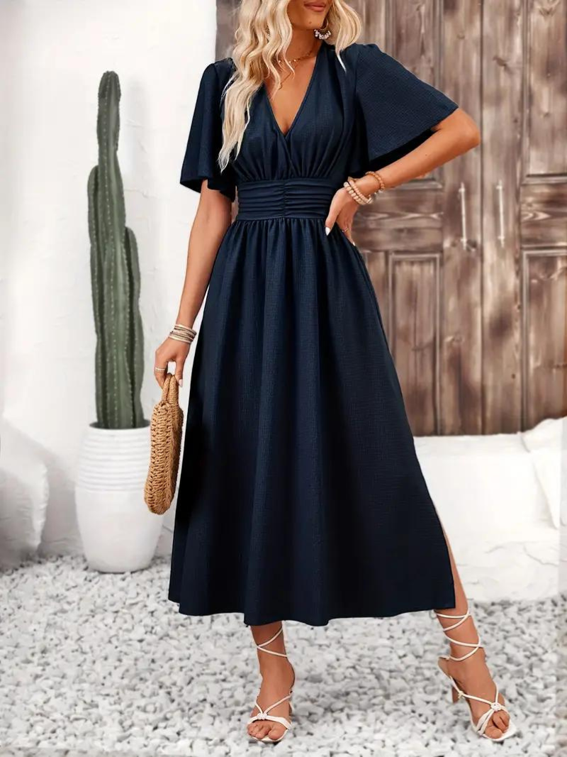 Long Dress Short Sleeve V Neck Summer Dress Maxi Sundress Fashion Nora