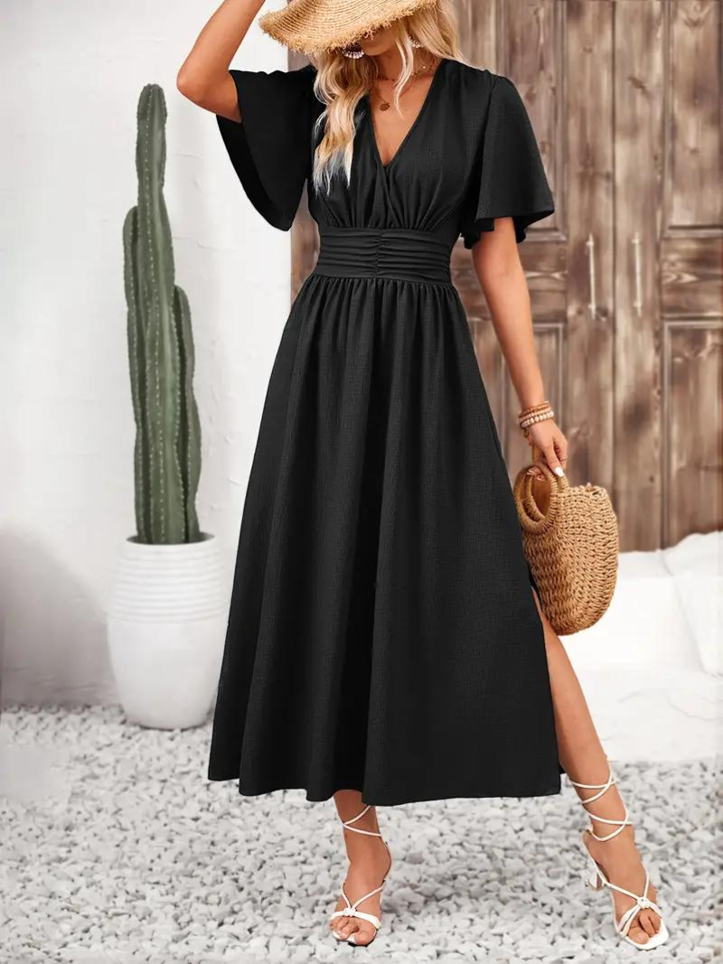 Long Dress - Short Sleeve - V Neck - Summer Dress - Maxi Sundress-Fashion Nora