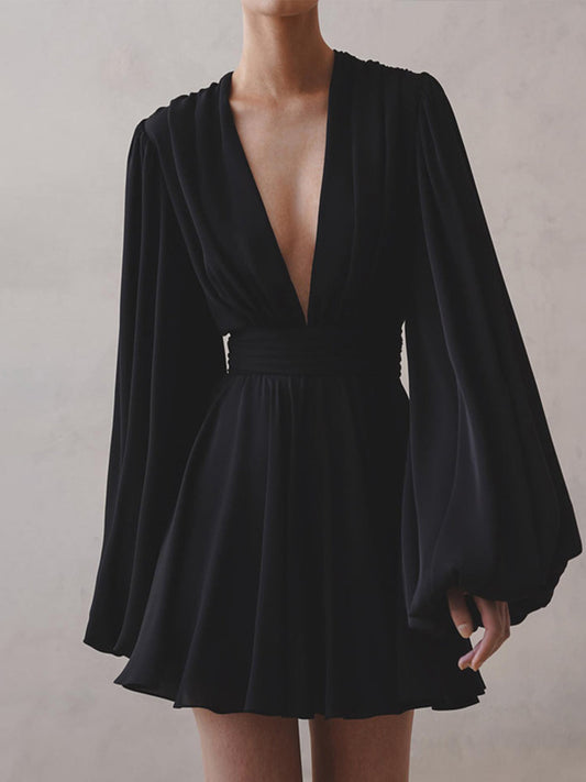 Long Sleeve Dress | Black | Deep V-Neck | Pleated Dress | Mini Dress-Fashion Nora