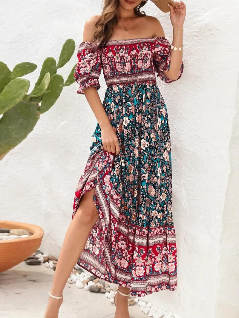 Maxi Dress - Floral - Off Shoulder - Summer Dress - Maxi Sundress-Fashion Nora