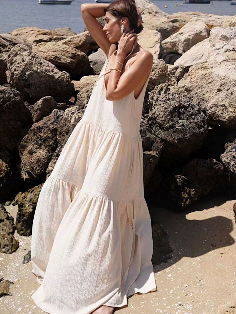 Maxi Dress - Flowy - Sleeveless - White Dress - Maxi Sundress-Fashion Nora