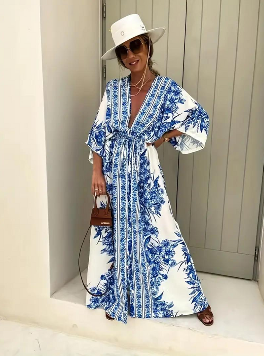 Maxi Dress - Half Sleeve - V Neck - Summer Dress - Long Dress-Fashion Nora