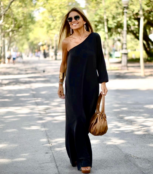 Maxi Dress - Long Sleeve - Loose Fit - One Shoulder Dress - Maxi Sundress-Fashion Nora