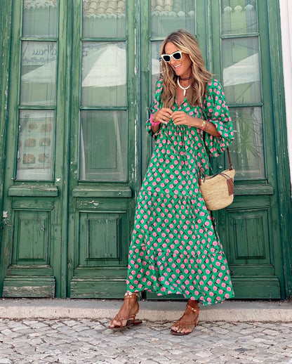 Maxi Dress - Loose Fit Half Sleeve Long Boho Summer Dress-Fashion Nora