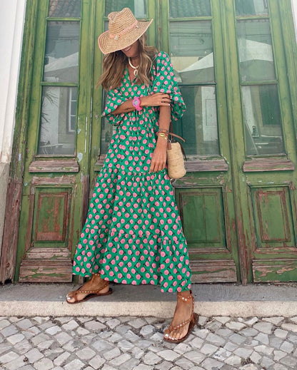 Maxi Dress - Loose Fit Half Sleeve Long Boho Summer Dress-Fashion Nora