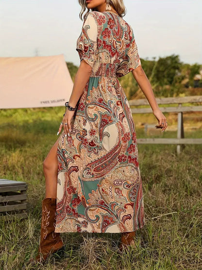 Maxi Dress Paisley Print Short Sleeve Boho Dress Maxi Sundress Fashion Nora