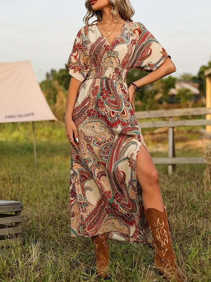 Maxi Dress Paisley Print Short Sleeve Boho Dress Maxi Sundress Fashion Nora