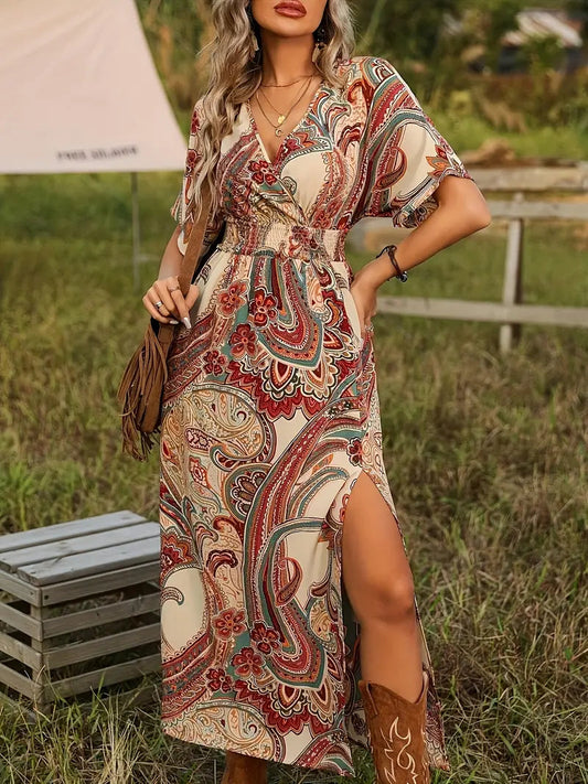 Maxi Dress, Paisley Print, Short Sleeve, Boho Dress, Maxi Sundress-Fashion Nora