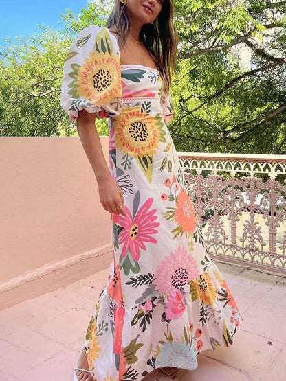 Maxi Dress - Puff Sleeve - Linen - Floral Dress - Maxi Sundress-Fashion Nora
