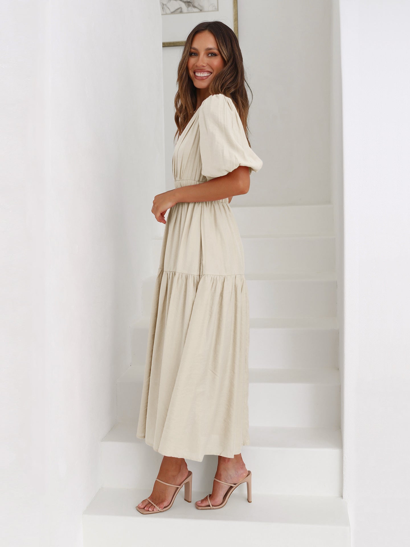 Maxi Dress | Puff Sleeve | Shirred Waist | V-Neck Dress | Maxi Sundress-Fashion Nora