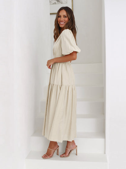 Maxi Dress | Puff Sleeve | Shirred Waist | V-Neck Dress | Maxi Sundress-Fashion Nora