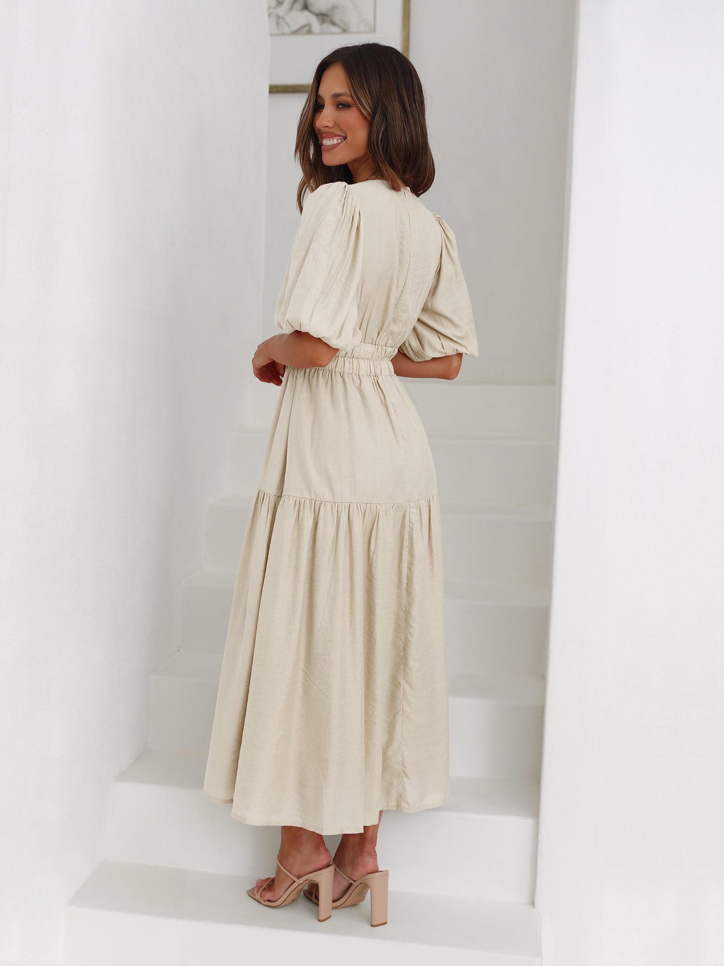 Maxi Dress | Puff Sleeve | Shirred Waist | V-Neck Dress | Maxi Sundress-Fashion Nora