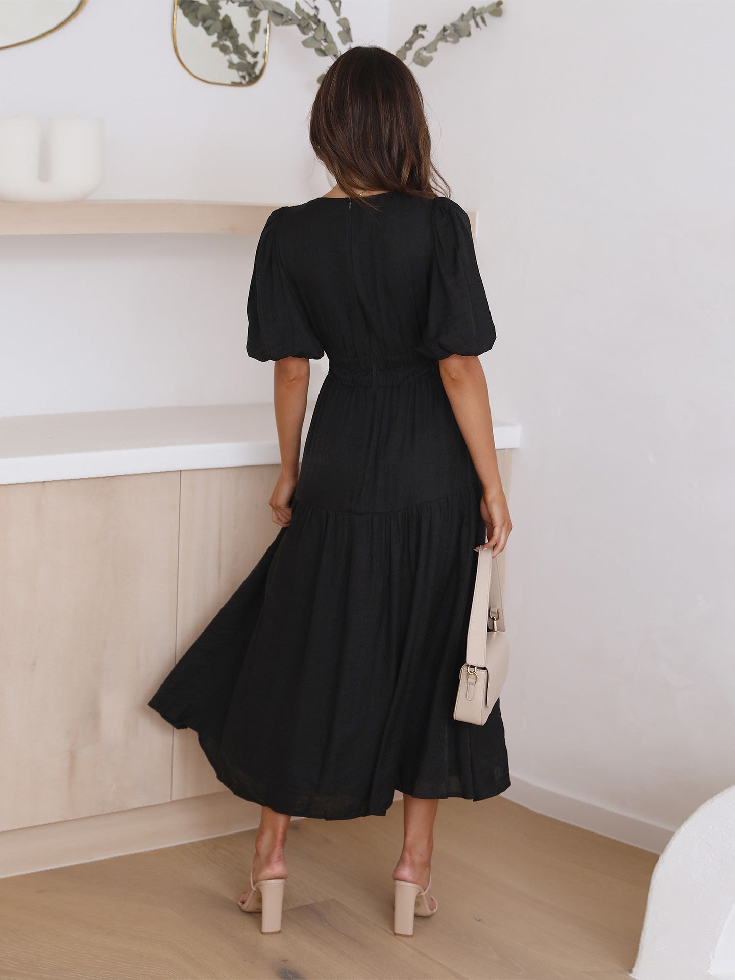 Maxi Dress | Puff Sleeve | Shirred Waist | V-Neck Dress | Maxi Sundress-Fashion Nora