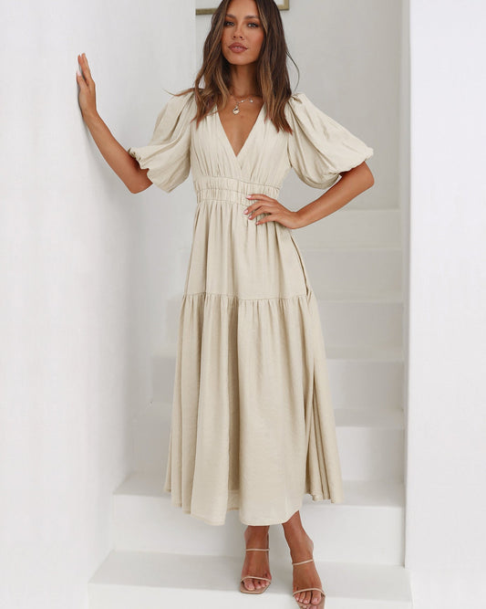 Maxi Dress | Puff Sleeve | Shirred Waist | V-Neck Dress | Maxi Sundress-Fashion Nora