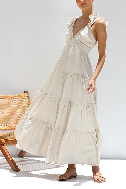 Maxi Dress - Sleeveless Flowy V-Neck Ruffle A-Line Maxi Sundress-Fashion Nora