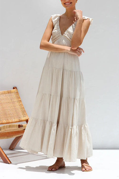 Maxi Dress - Sleeveless Flowy V-Neck Ruffle A-Line Maxi Sundress-Fashion Nora
