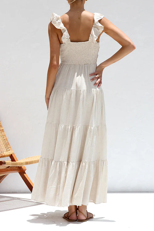 Maxi Dress - Sleeveless Flowy V-Neck Ruffle A-Line Maxi Sundress-Fashion Nora