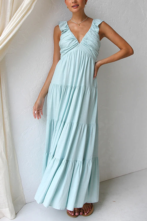 Maxi Dress - Sleeveless Flowy V-Neck Ruffle A-Line Maxi Sundress-Fashion Nora