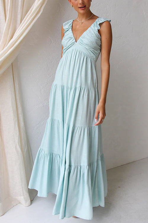 Maxi Dress - Sleeveless Flowy V-Neck Ruffle A-Line Maxi Sundress-Fashion Nora