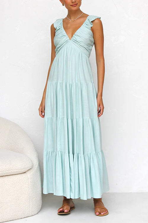 Maxi Dress - Sleeveless Flowy V-Neck Ruffle A-Line Maxi Sundress-Fashion Nora