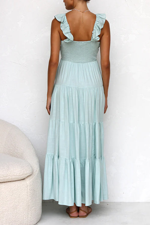 Maxi Dress - Sleeveless Flowy V-Neck Ruffle A-Line Maxi Sundress-Fashion Nora