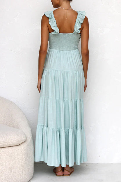 Maxi Dress - Sleeveless Flowy V-Neck Ruffle A-Line Maxi Sundress-Fashion Nora