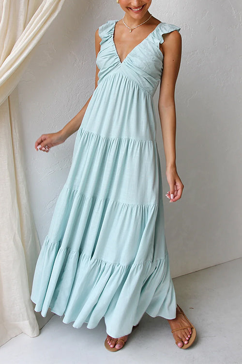 Maxi Dress - Sleeveless Flowy V-Neck Ruffle A-Line Maxi Sundress-Fashion Nora