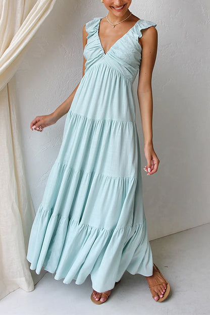 Maxi Dress - Sleeveless Flowy V-Neck Ruffle A-Line Maxi Sundress-Fashion Nora