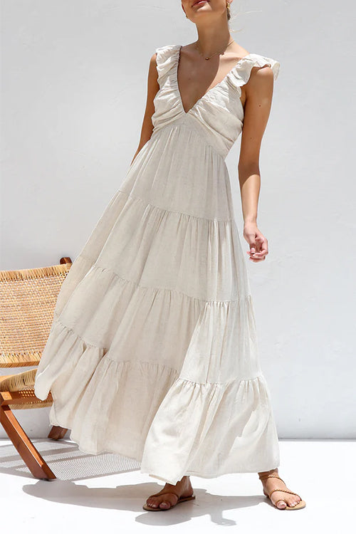 Maxi Dress - Sleeveless Flowy V-Neck Ruffle A-Line Maxi Sundress-Fashion Nora