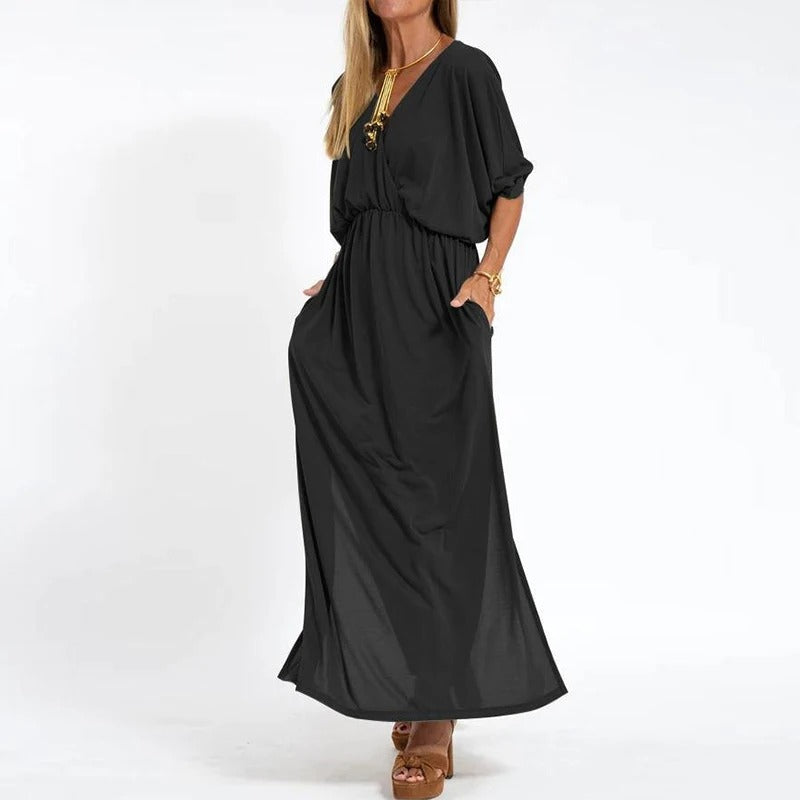 Maxi Dress - Slit - V-Neck - Long Sleeve Dress - Summer Dress-Fashion Nora