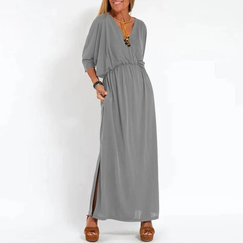 Maxi Dress - Slit - V-Neck - Long Sleeve Dress - Summer Dress-Fashion Nora