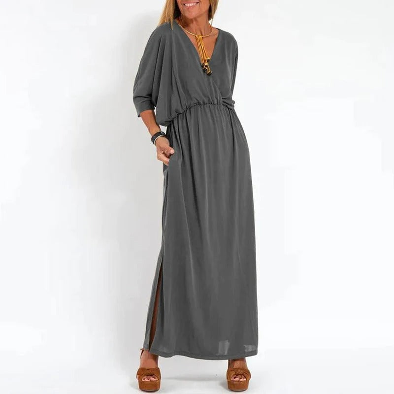 Maxi Dress - Slit - V-Neck - Long Sleeve Dress - Summer Dress-Fashion Nora