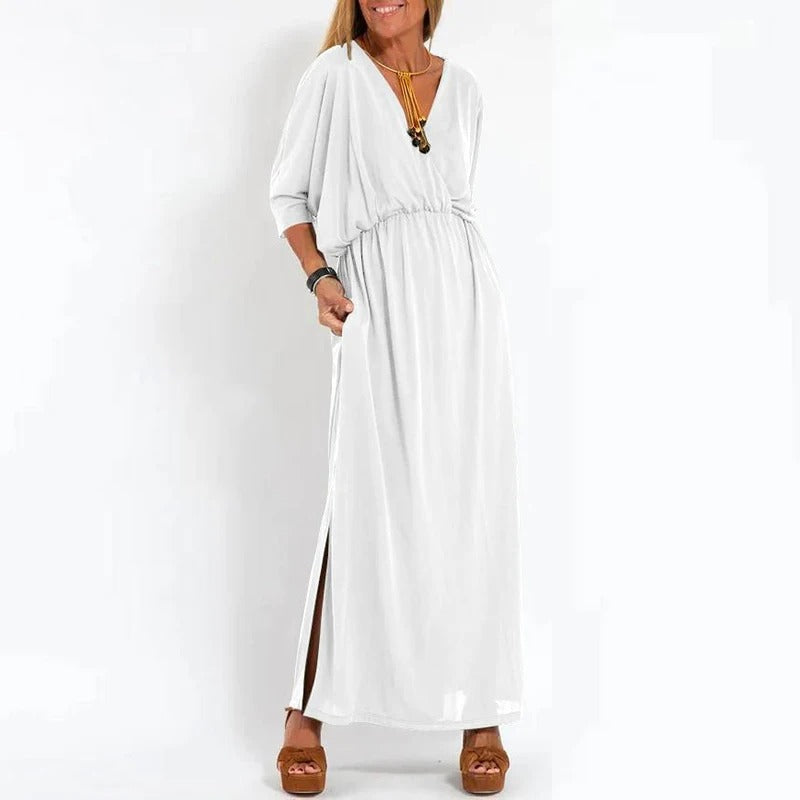 Maxi Dress - Slit - V-Neck - Long Sleeve Dress - Summer Dress-Fashion Nora