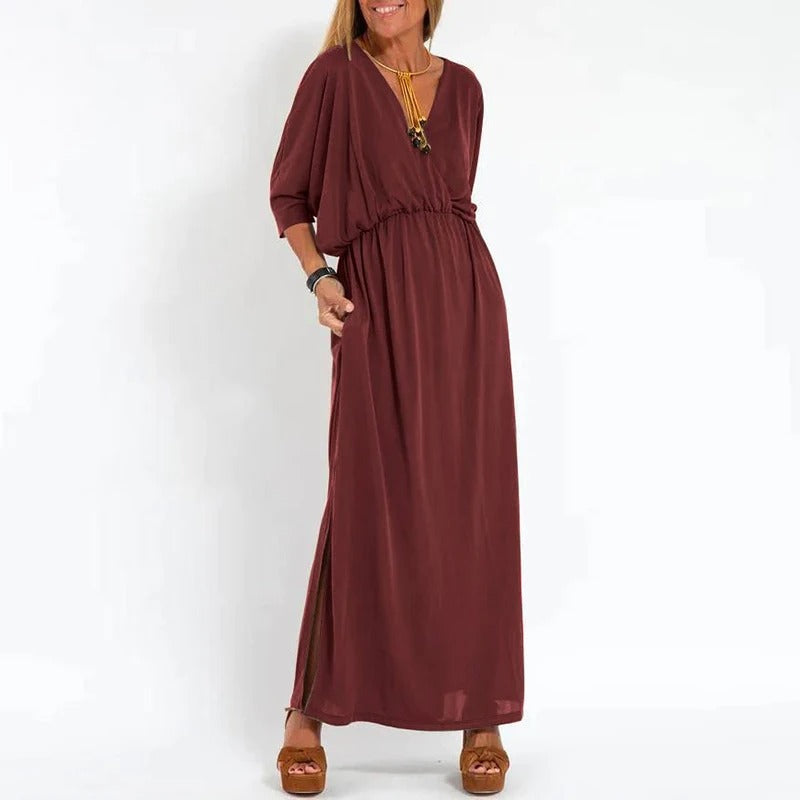 Maxi Dress - Slit - V-Neck - Long Sleeve Dress - Summer Dress-Fashion Nora