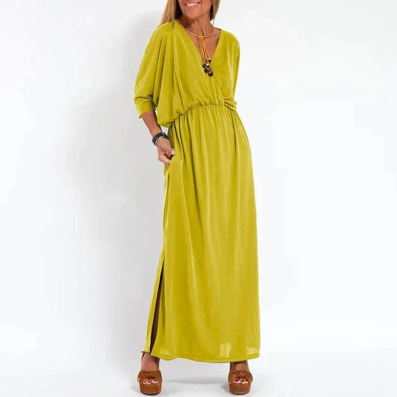 Maxi Dress - Slit - V-Neck - Long Sleeve Dress - Summer Dress-Fashion Nora