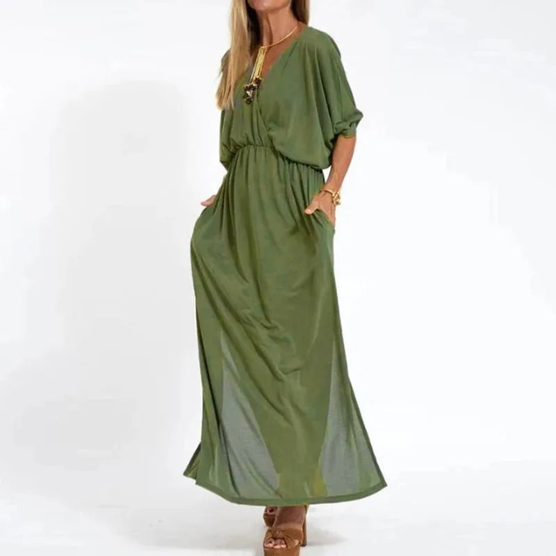 Maxi Dress - Slit - V-Neck - Long Sleeve Dress - Summer Dress-Fashion Nora