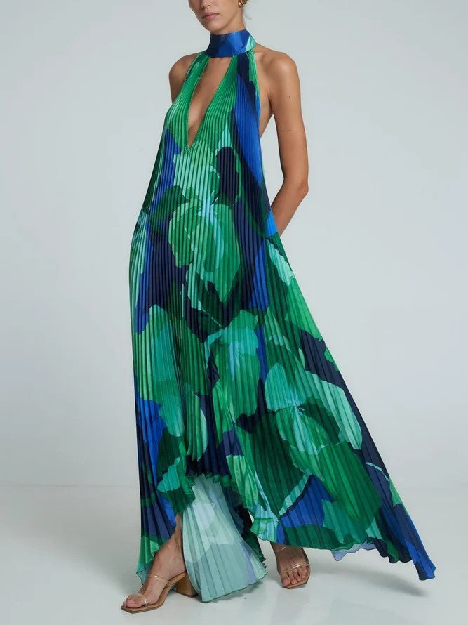 Maxi Dress - V-Neck Flowy Halter neck Open Back Dress-Fashion Nora