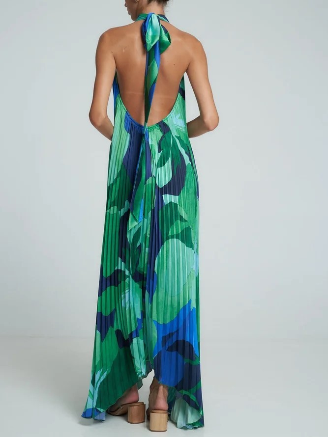 Maxi Dress - V-Neck Flowy Halter neck Open Back Dress-Fashion Nora