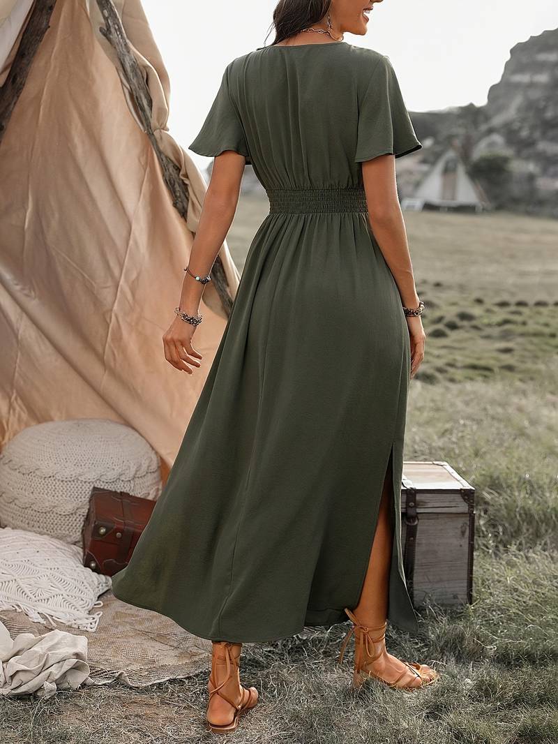 Maxi Dress - Women's Green Butterfly Sleeve Maxi Sundress-Fashion Nora
