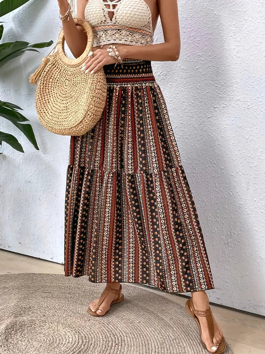 Maxi Skirt - Patterned - Shirred Waist - Boho Style - Long Skirts-Fashion Nora