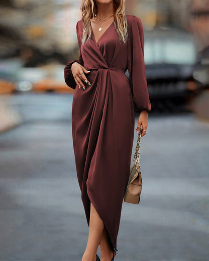 Midi Dress - Long Sleeve - Wrap - Satin Dress - Formal Dress-Fashion Nora