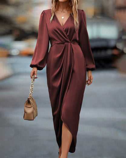 Midi Dress - Long Sleeve - Wrap - Satin Dress - Formal Dress-Fashion Nora