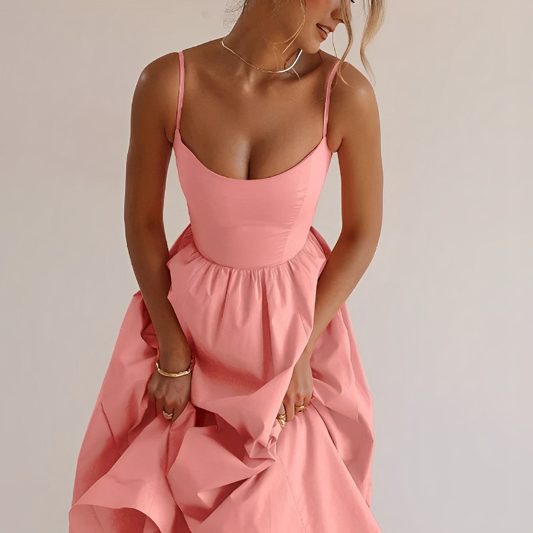 Midi Dress - Puff Hem - Spaghetti Straps - Elegant Dress - Summer Dress-Fashion Nora