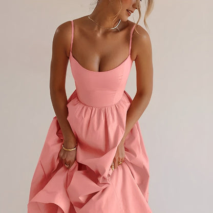 Midi Dress - Puff Hem - Spaghetti Straps - Elegant Dress - Summer Dress-Fashion Nora