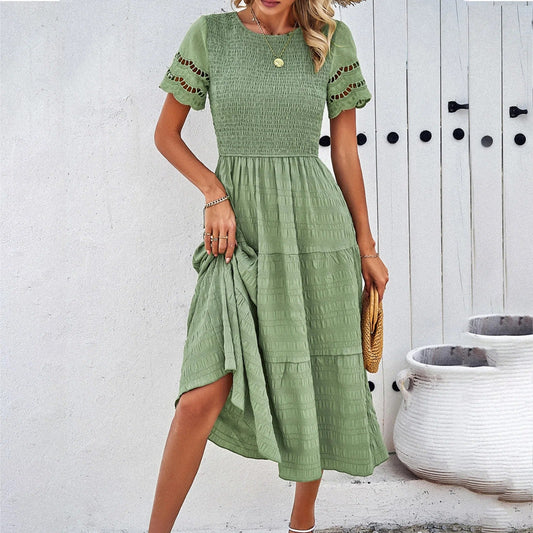 Midi Dress - Shirred - Short Sleeve - A-Line Dress - Summer Dress-Fashion Nora