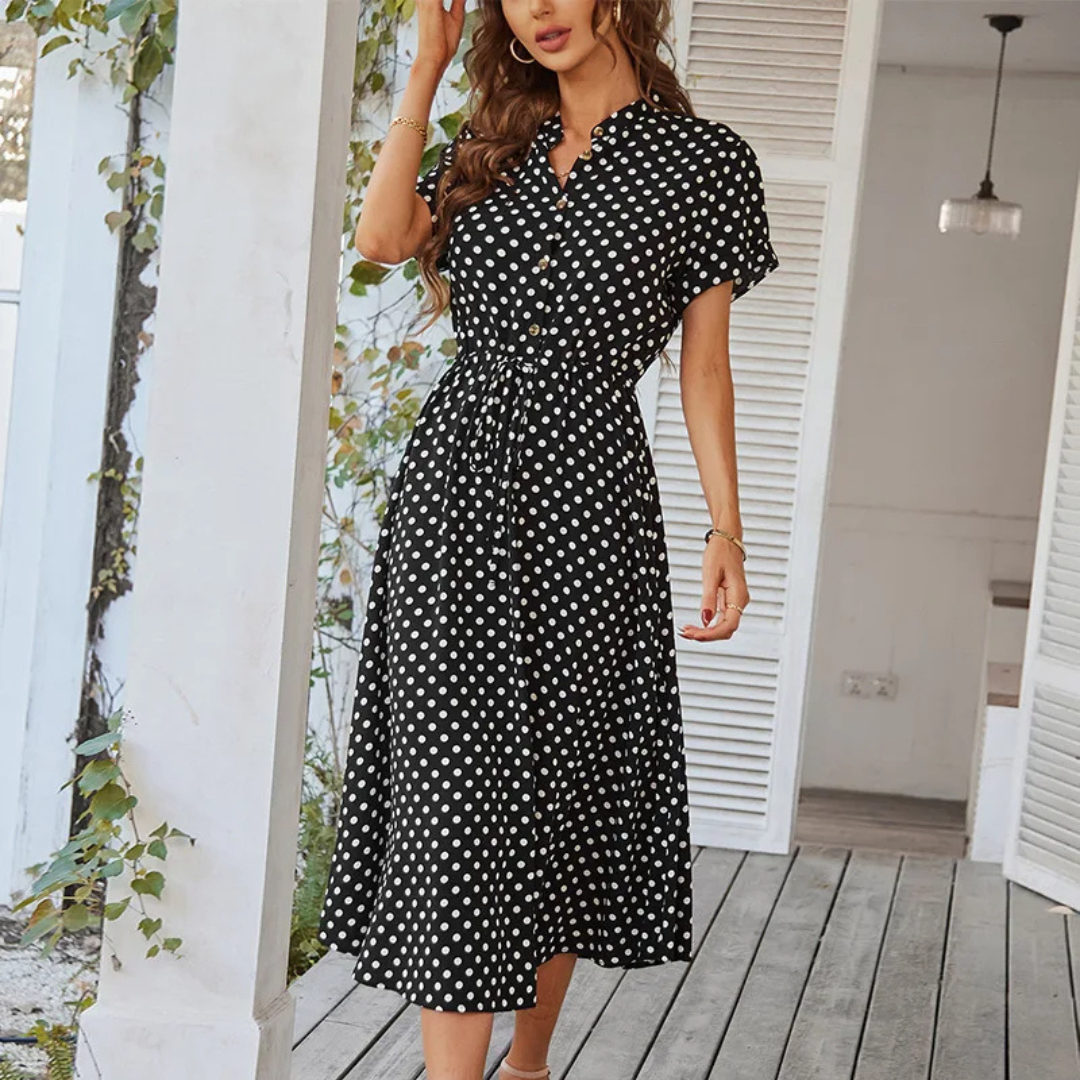 Midi Dress - Short Sleeve Button-Up Tie-Waist Summer Dress-Fashion Nora