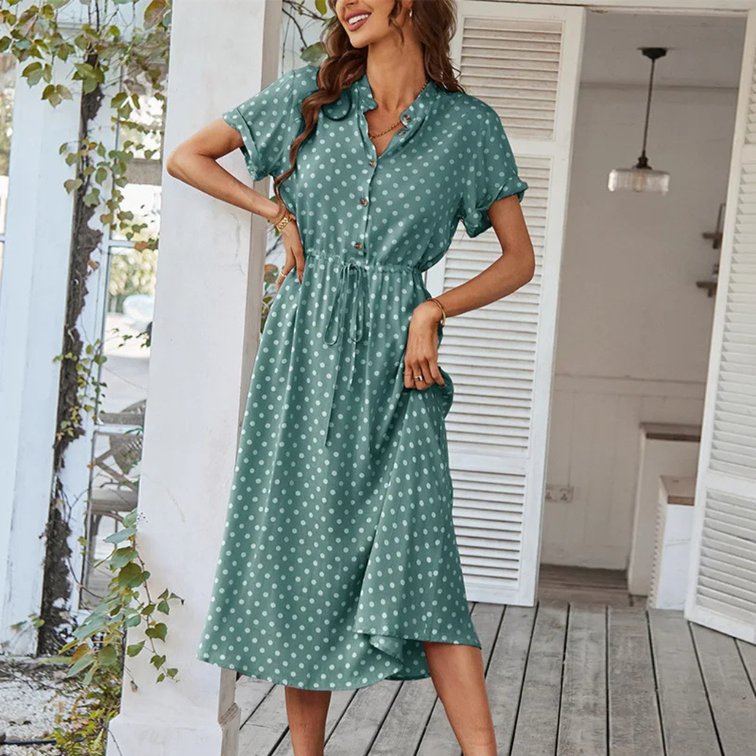 Midi Dress - Short Sleeve Button-Up Tie-Waist Summer Dress-Fashion Nora