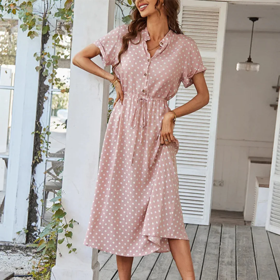 Midi Dress - Short Sleeve Button-Up Tie-Waist Summer Dress-Fashion Nora