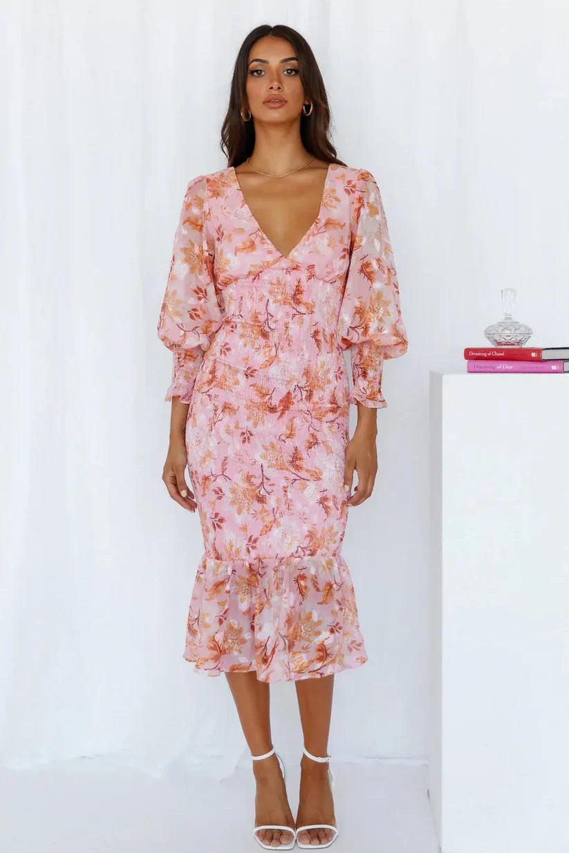 Midi Dress - V-Neck - Floral - Cocktail Dress - Long Sleeve Dress-Fashion Nora